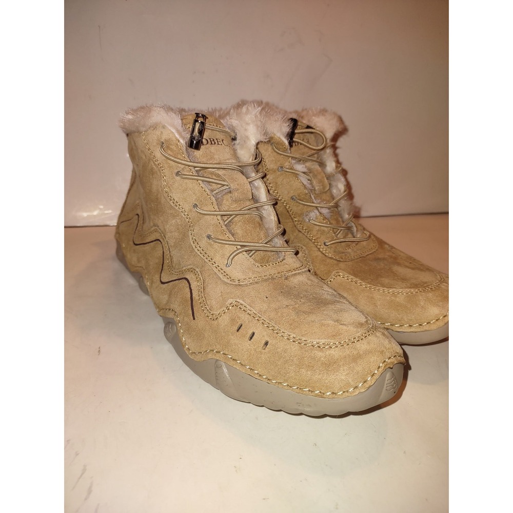 DBECK Tan Suede Fur Lined Ankle Boots Women Lace Up Winter Warm Shoes, Workwear